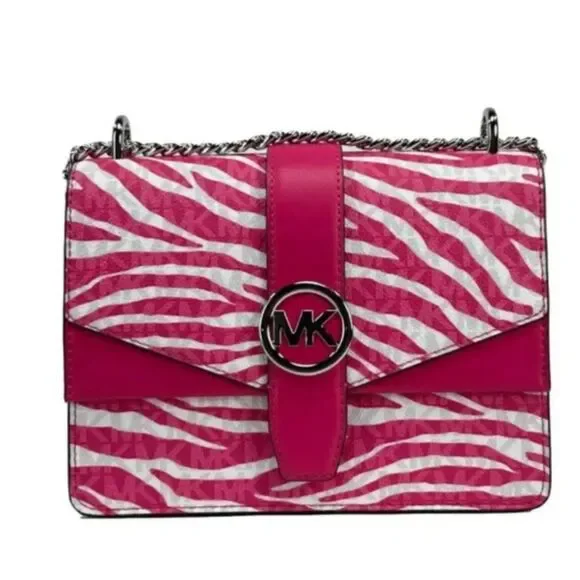 Michael Kors Greenwich Small Flap Shoulder Crossbody Bright Pink White Handbag - Picture 9 of 9